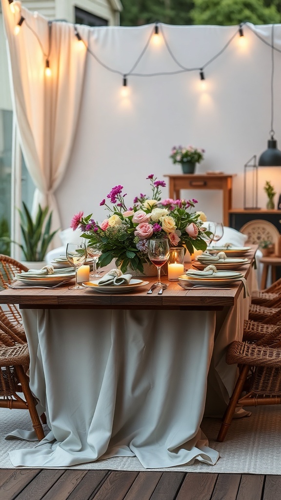 A beautifully arranged garden party table with flowers, candles, and elegant tableware.