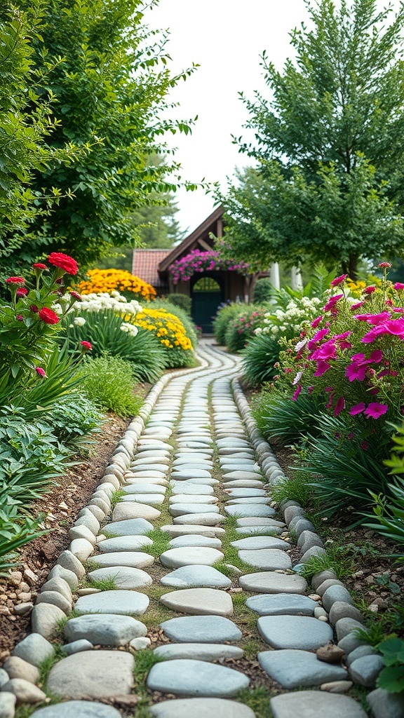 A winding garden pathway made of pebbles, surrounded by colorful flowers and greenery.