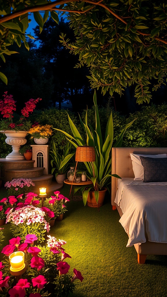 A cozy garden corner with a bed surrounded by flowers and soft lighting.
