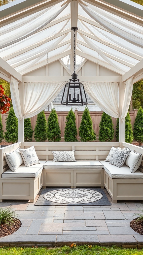 A cozy gazebo with built-in seating and storage, featuring soft cushions and draped curtains.