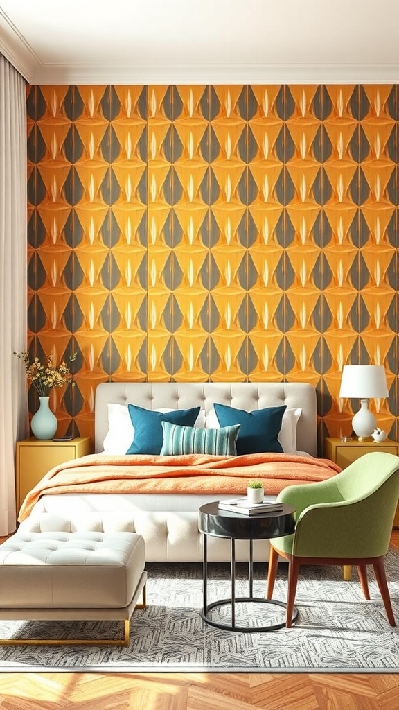 A modern bedroom with geometric patterned wallpaper in orange and gray, featuring a cozy bed and colorful cushions.