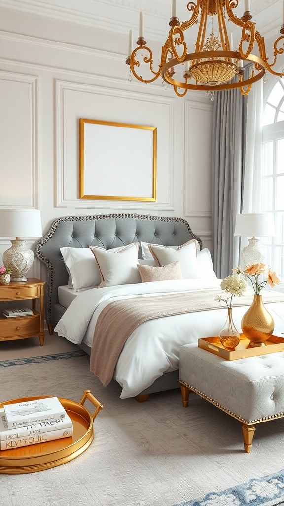 A stylish bedroom featuring a gray bed with gold accents, elegant chandelier, and decorative accessories.