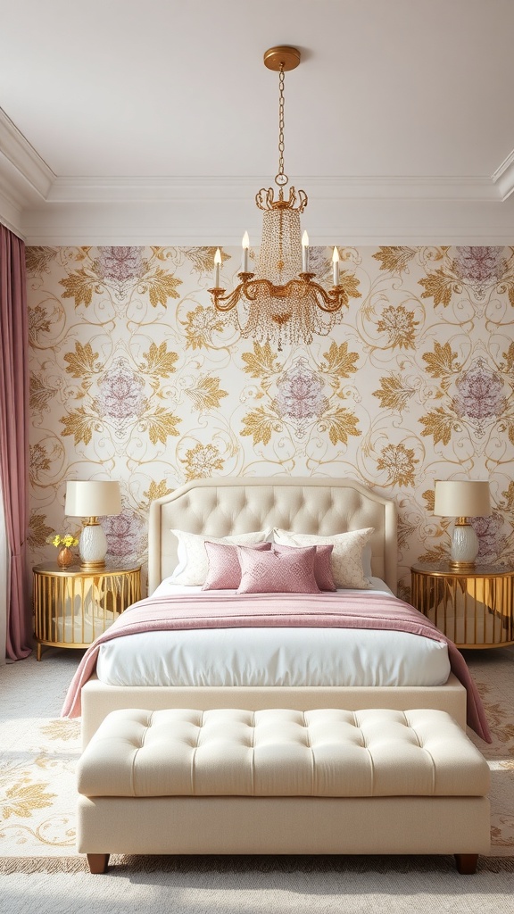 A glamorous bedroom featuring floral wallpaper, a chandelier, and elegant furnishings.