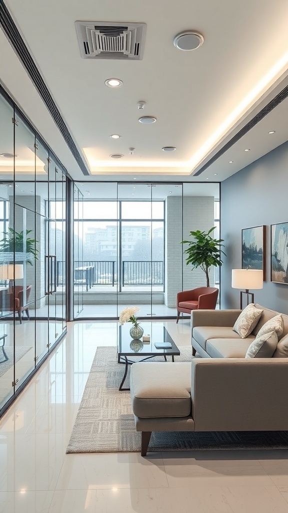 A modern healthcare room featuring glass partition walls, stylish furniture, and natural light.