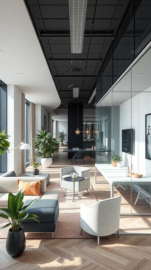 Interior view featuring glass partition walls separating different areas of a modern workspace with plants and stylish furniture.
