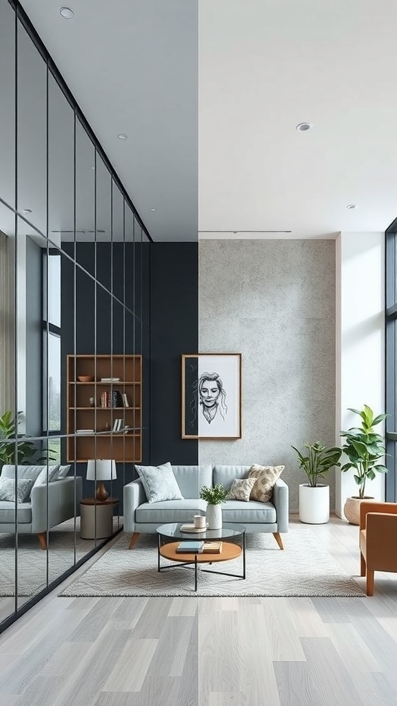 An interior space showcasing a glass partition wall beside a traditional wall, illustrating modern design trends.