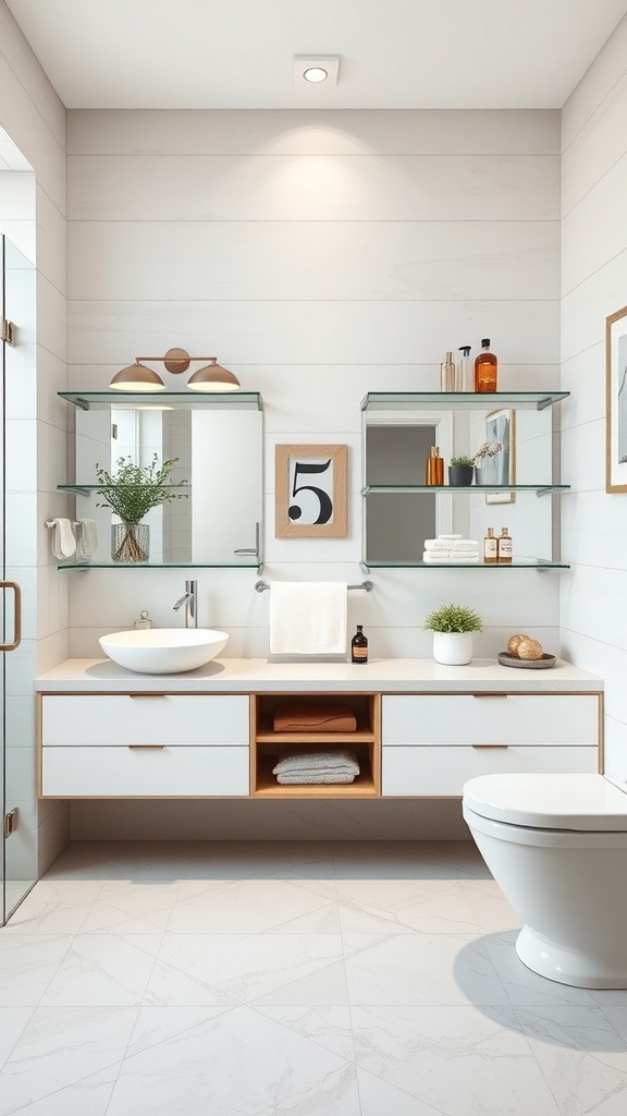 A modern bathroom featuring glass shelves with decorative items and a clean design.