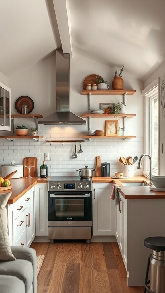 Stylish tiny house kitchen with modern appliances and open shelving.