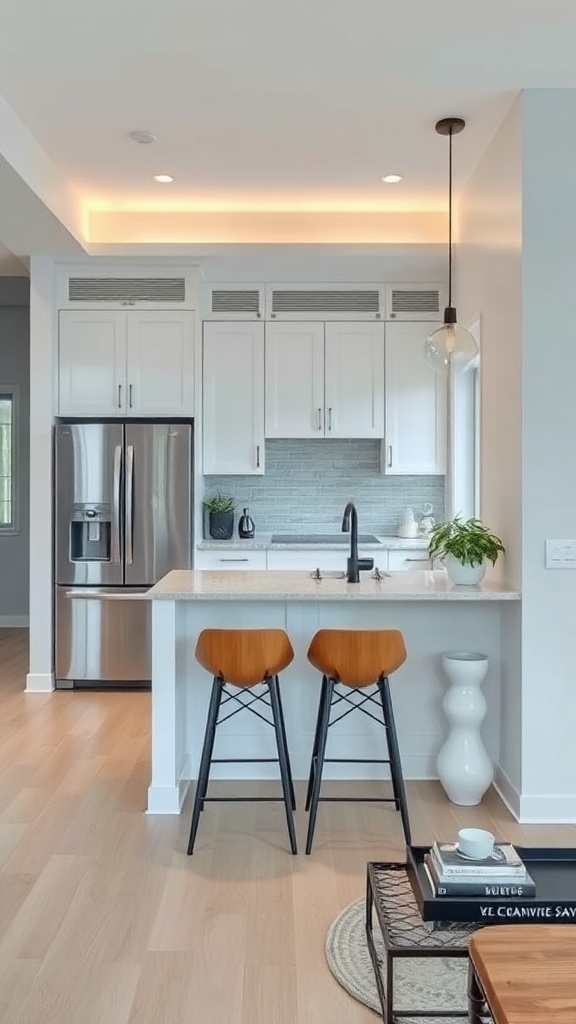An open kitchen with a half-wall bar counter and two stools, featuring stylish decor and a bright atmosphere.