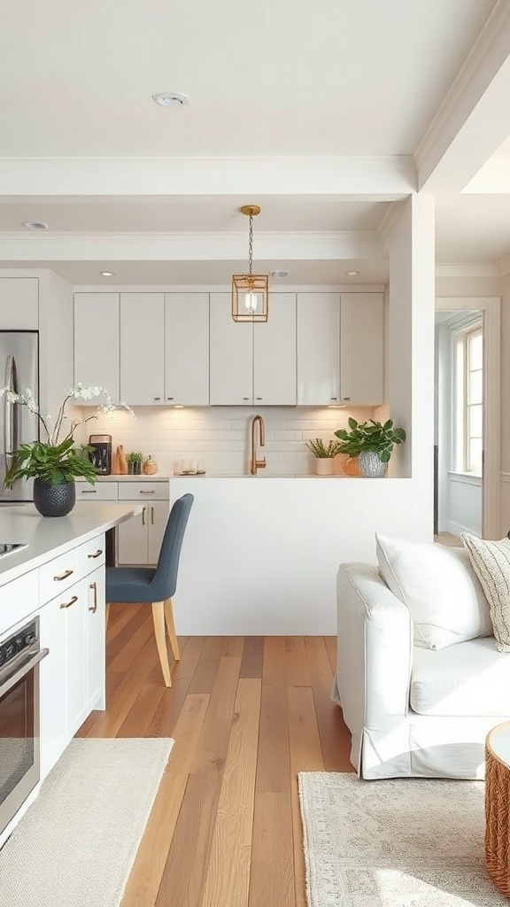 A half-wall separates a modern kitchen and living room, creating an open yet defined space.