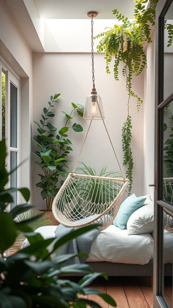 A cozy hammock chair on a small balcony surrounded by plants and natural light.