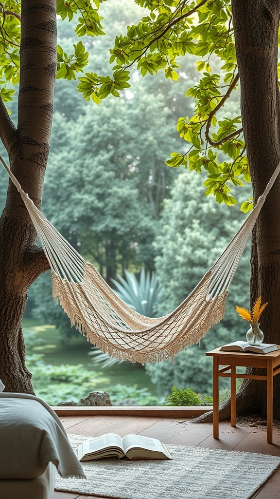 A cozy hammock between two trees, surrounded by greenery, with an open book and a small table with flowers nearby.