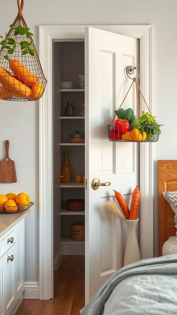 Hanging baskets filled with fresh produce on a pantry door, showcasing a colorful and organized kitchen space.