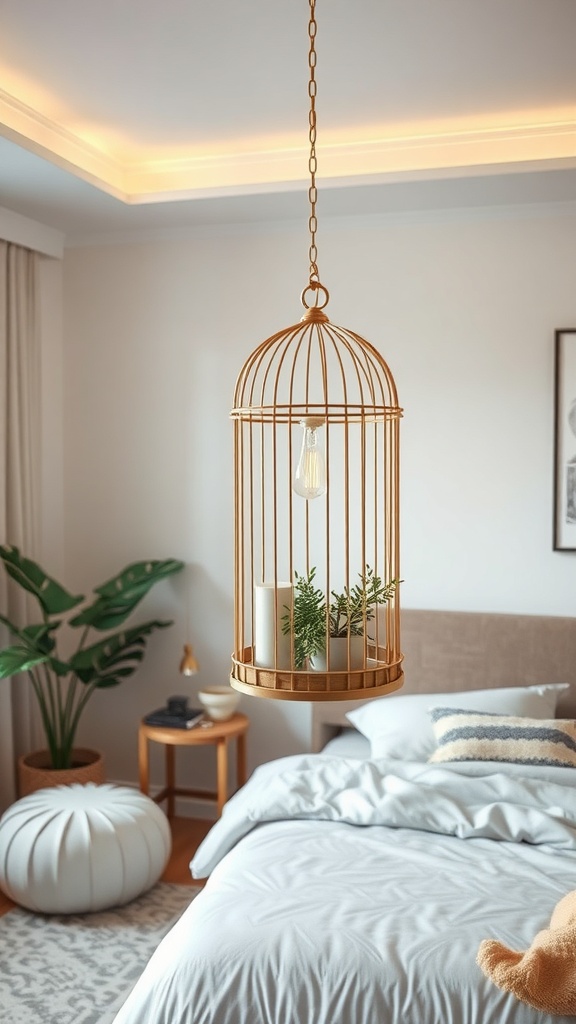 A stylish hanging bird cage with a light bulb and plants inside, suspended in a cozy bedroom setting.