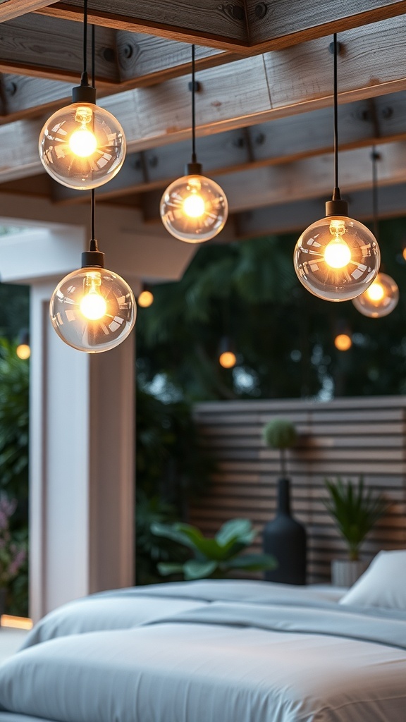 Hanging glass globes providing warm light in a modern outdoor setting