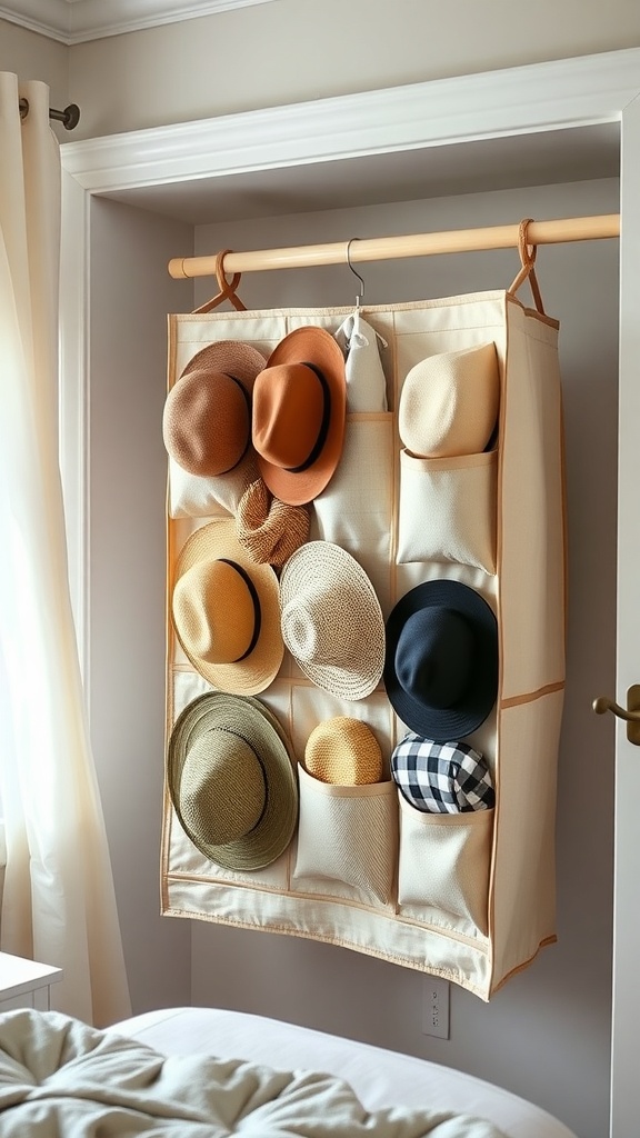 A wall-mounted hanging hat organizer displaying various hats in pockets.