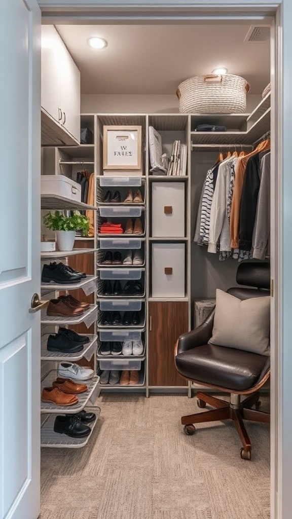 Well-organized closet with hanging organizers and various storage solutions