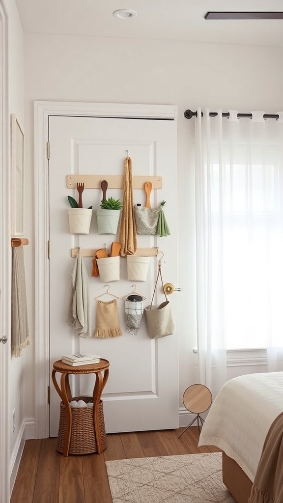 Hanging organizers attached to a bedroom door, holding various items like plants and scarves, enhancing space efficiency.