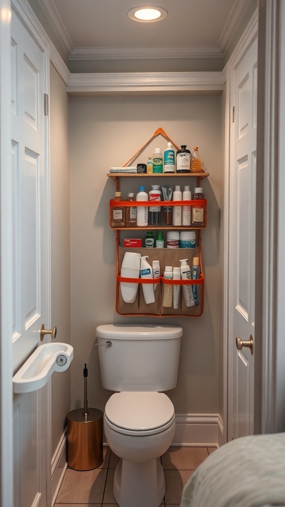 A bathroom with a hanging organizer on the wall above the toilet, displaying various toiletries and cleaning products.