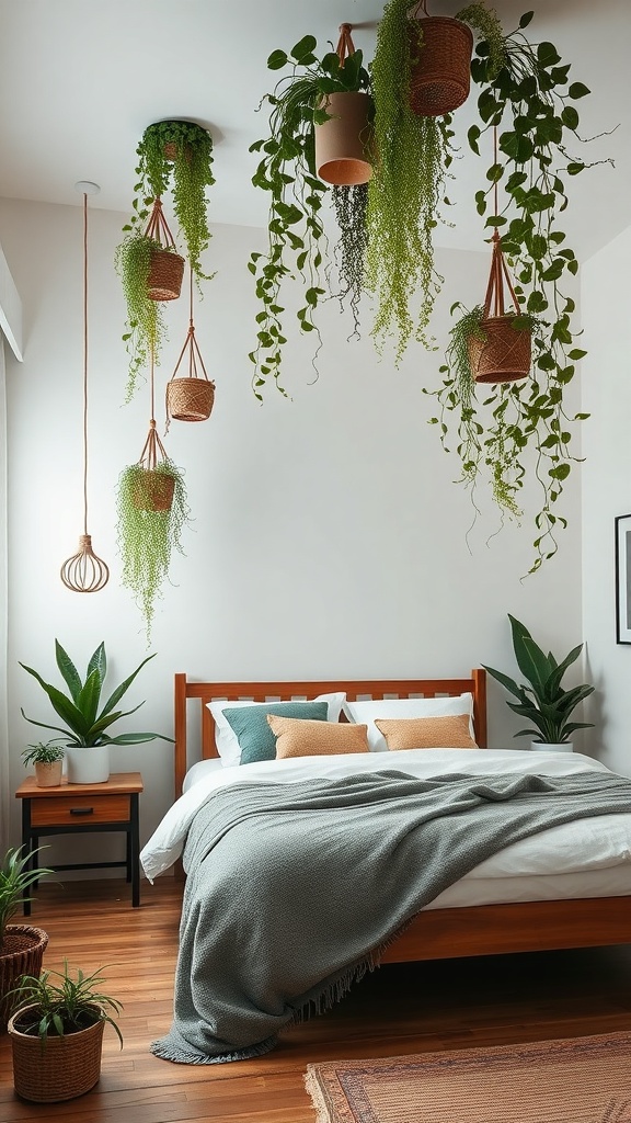 A boho bedroom featuring hanging plants from the ceiling and potted plants on the floor, creating a vibrant and inviting atmosphere.