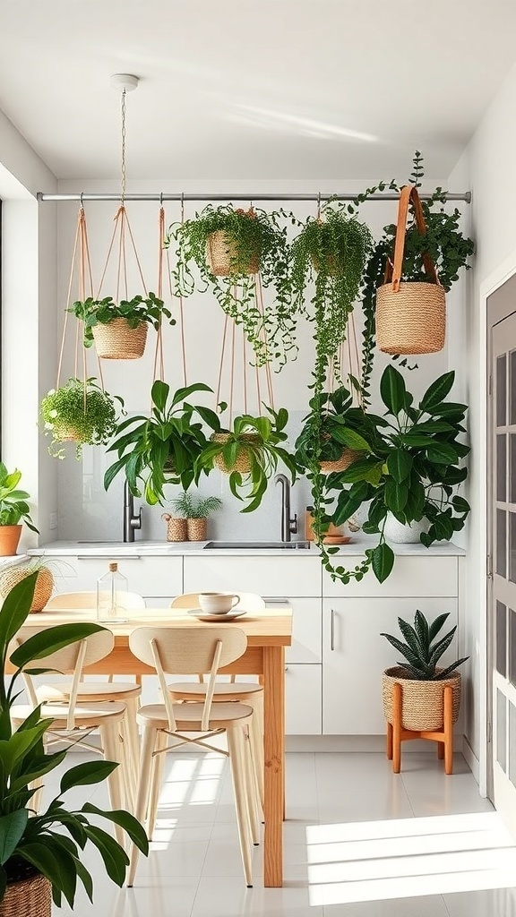 A bright open kitchen featuring a collection of hanging plants, creating a natural partition