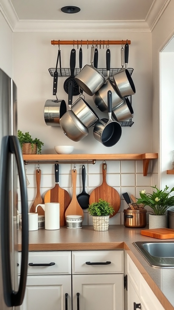 A modern kitchen with a hanging pot rack displaying various pots and utensils.