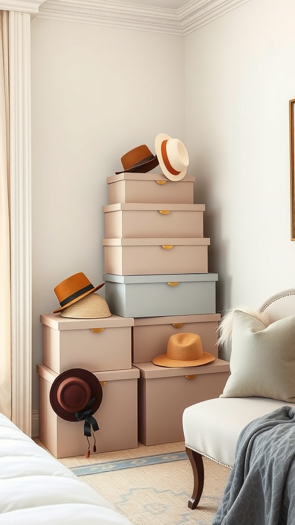 A stack of stylish hat boxes with various hats on top, showcasing an organized storage solution.