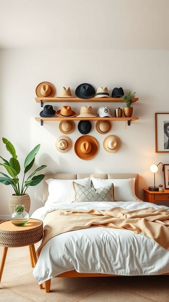 A cozy bedroom featuring wooden shelves displaying various hats above a neatly made bed.