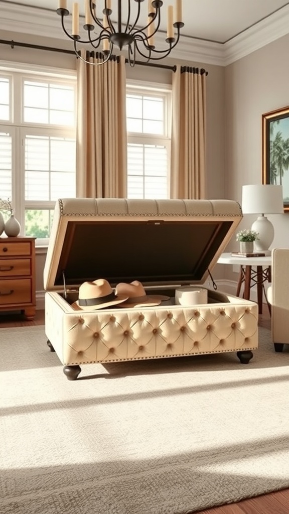 A stylish cream-colored tufted ottoman with a lift-top, showcasing several hats inside, set in a well-decorated living room.