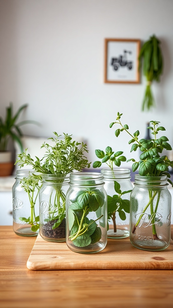 Mason jars filled with various herbs on a wooden surface