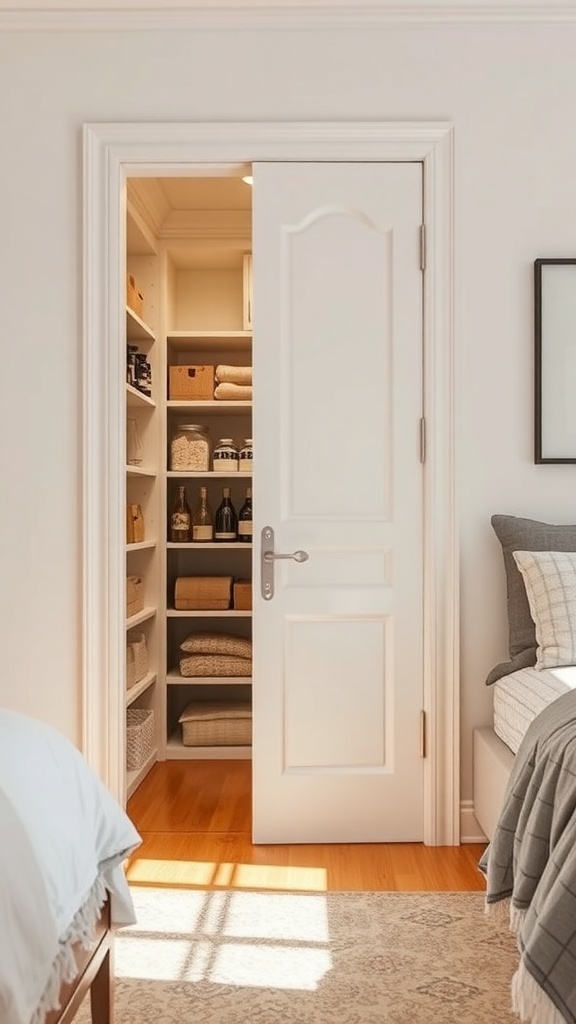 A hidden pantry door leading to organized shelves with jars and baskets.