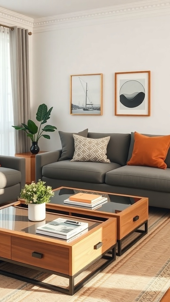 A stylish living room featuring a gray sofa, colorful cushions, and a wooden coffee table with hidden storage drawers.