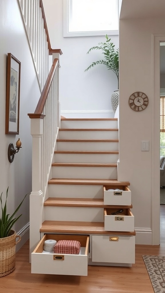 Stairs with hidden storage drawers providing a stylish and functional space-saving solution.