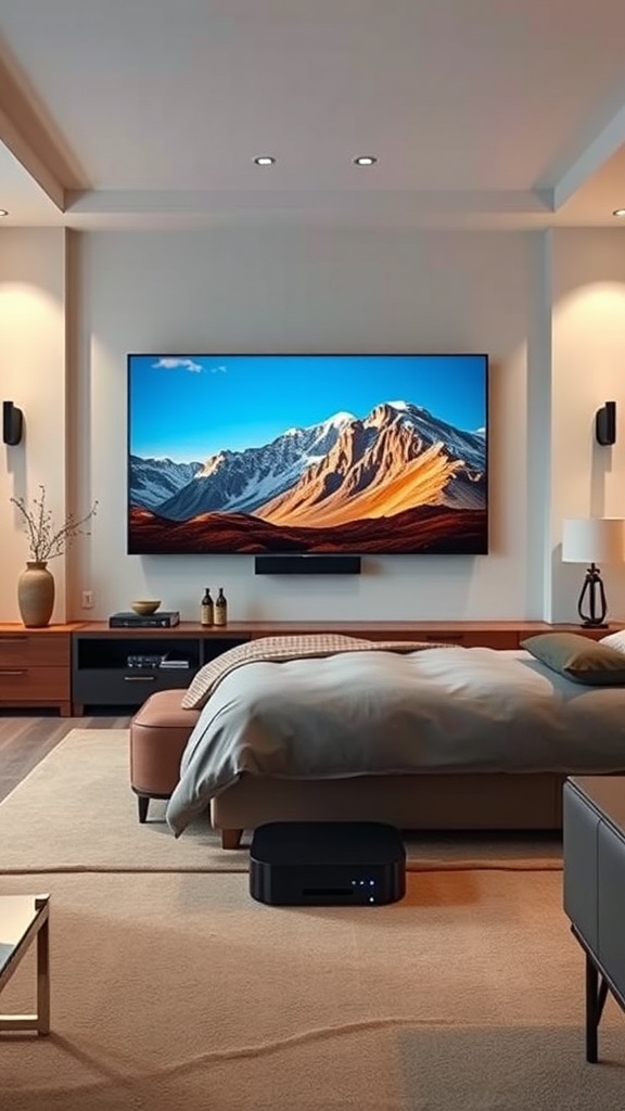 A cozy home theater setup featuring a large TV displaying a mountain landscape, with a comfortable bed and modern decor.