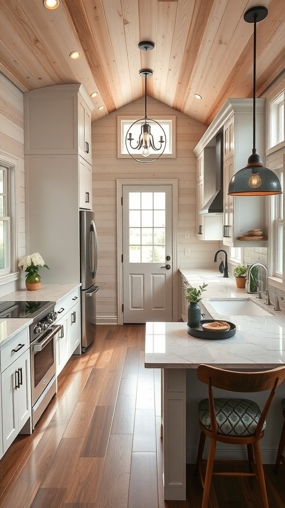 Stylish tiny house kitchen with wooden ceiling, quartz countertops, and modern fixtures.