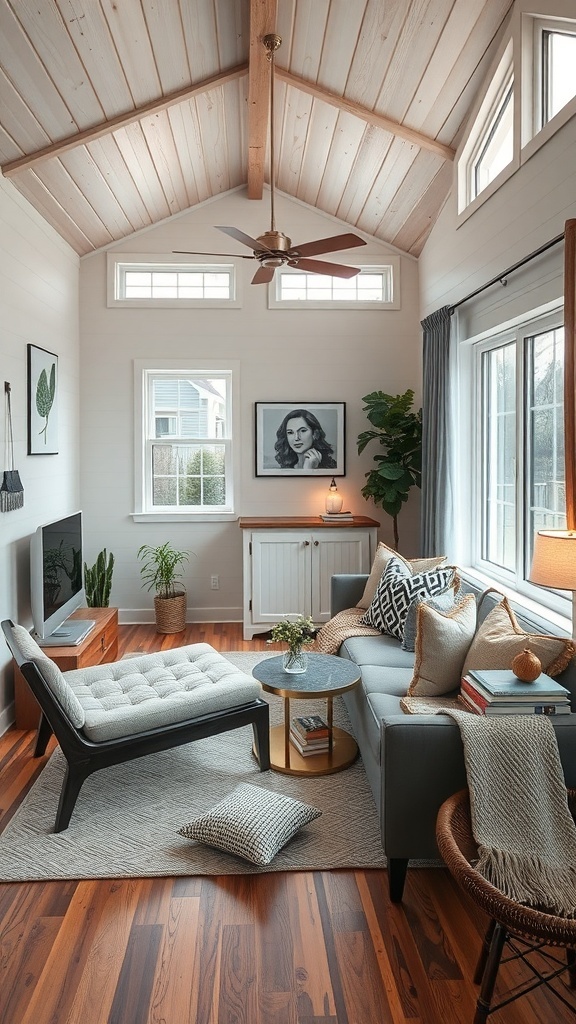 A cozy tiny house living room featuring high-quality furnishings and natural light.
