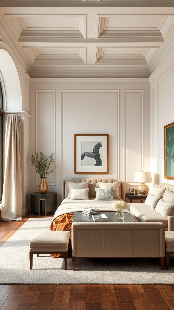 A cozy living area with detailed ceiling molding, elegant wall paneling, and stylish furniture.