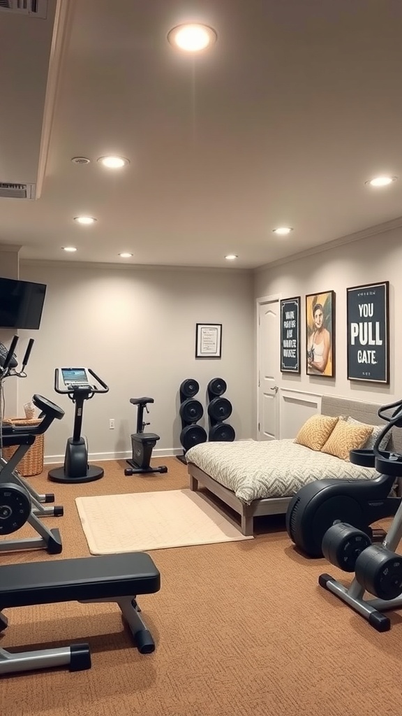 A cozy home gym setup in an unfinished basement featuring workout equipment and a bed.
