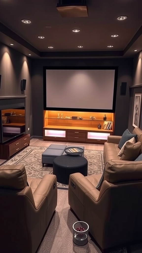 Cozy basement home theater with plush seating and a large screen.