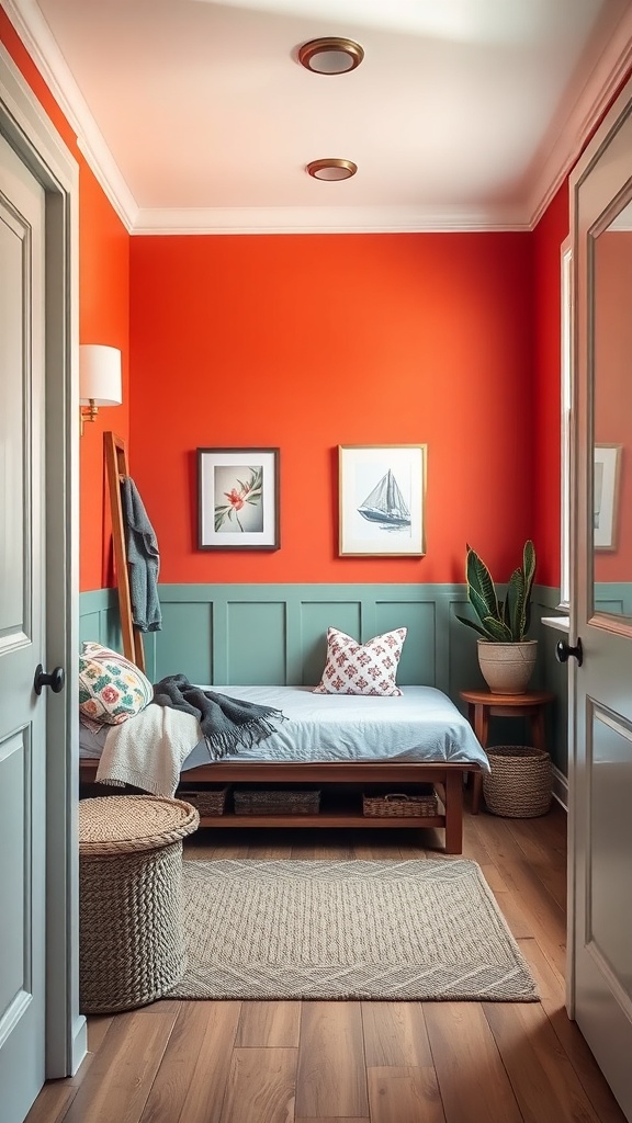 A small mudroom featuring a vibrant orange accent wall, soft blue paneling, and cozy decor elements.