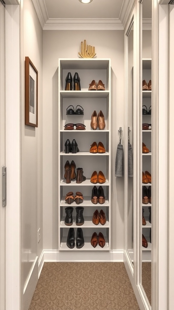 Image of a narrow walk-in closet with a pull-out shoe rack and well-organized shoes.