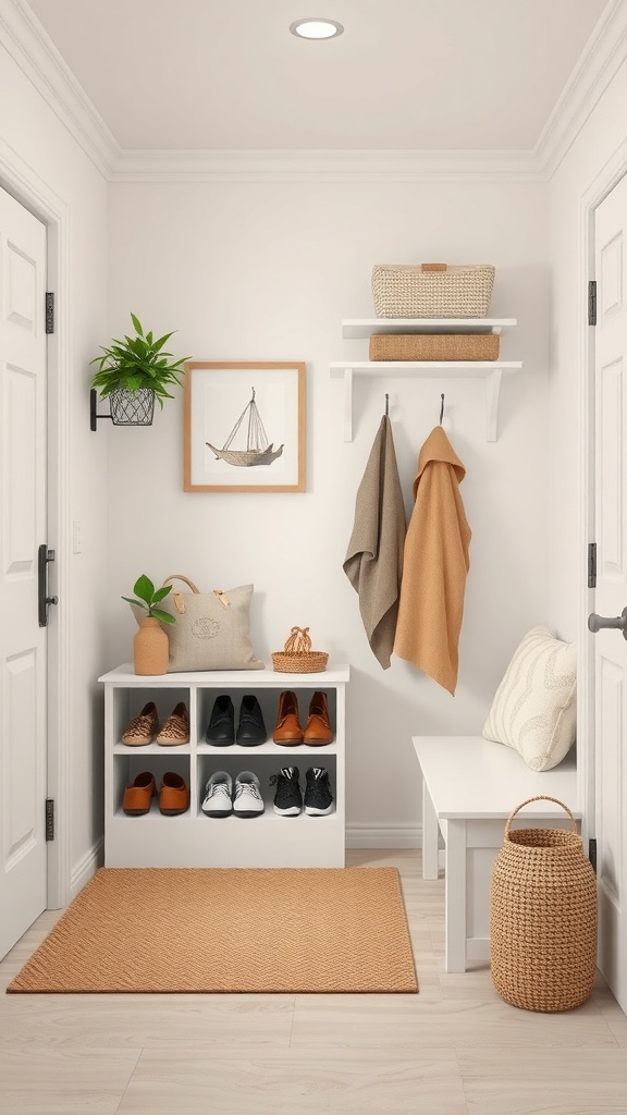 A small mudroom with organized shoe storage, a bench, and decorative elements.