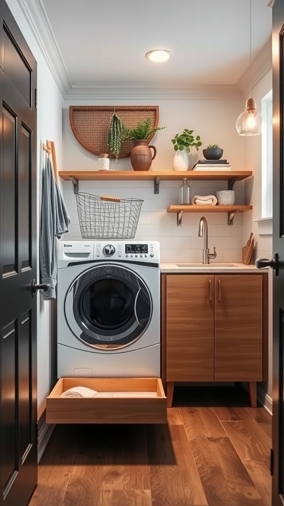 A small laundry room with a washer, wooden shelves, and smart storage solutions.