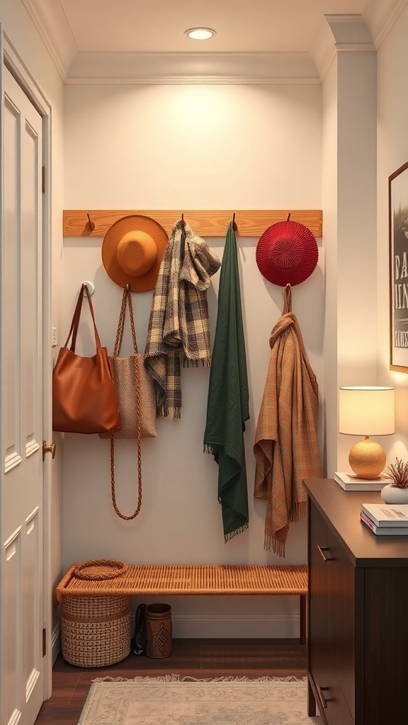 A tiny closet with a wooden hook rail displaying hats, scarves, and bags, along with a bench and a lamp in a cozy setting.