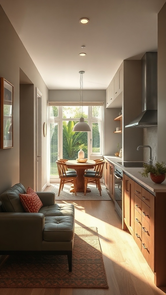 A narrow kitchen with sliding doors leading to an outdoor space, featuring wooden cabinetry and a cozy dining area.