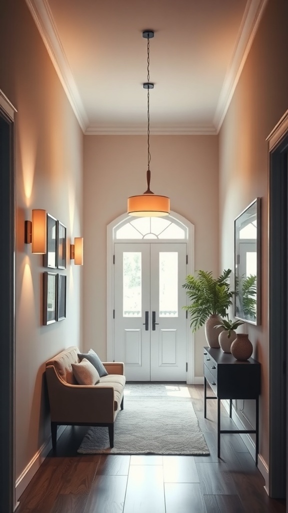 A narrow entryway with cozy lighting, featuring wall sconces and a central pendant light.