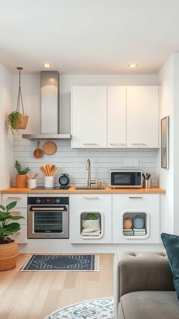 A compact kitchen featuring modern appliances and smart storage solutions.