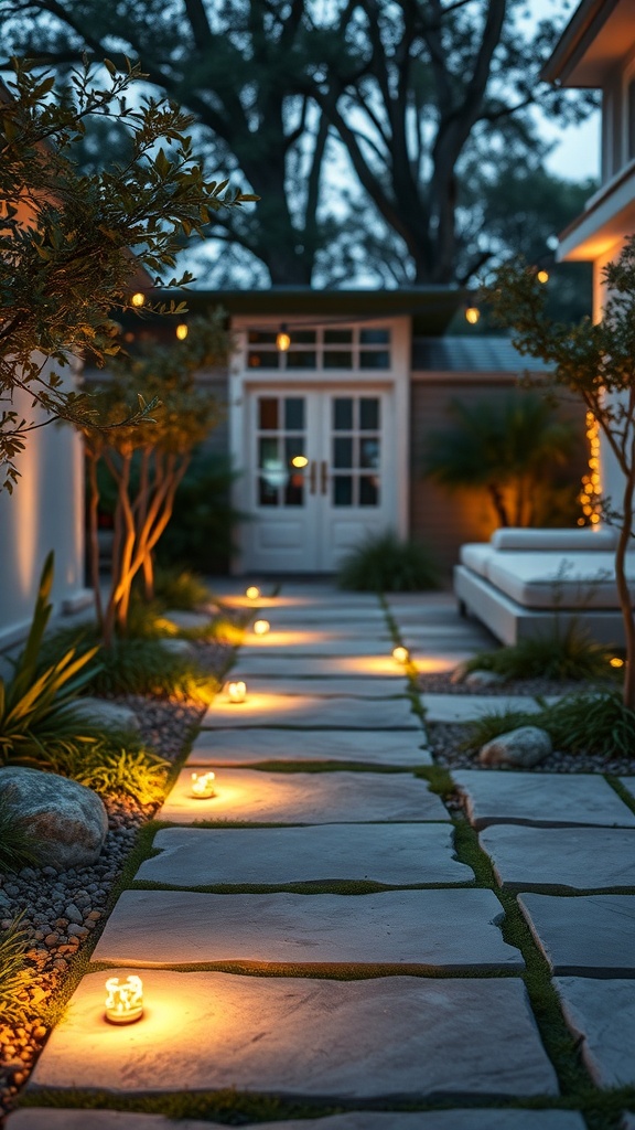 A stone pathway illuminated by in-ground lights, surrounded by greenery and leading to a house.