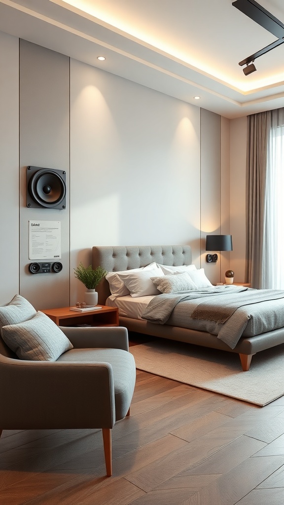 A cozy bedroom featuring in-wall speakers, showcasing a modern design with a comfortable bed and stylish decor.