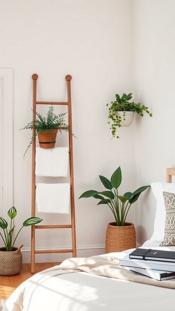 A wooden ladder in a bathroom holding towels and a potted fern, with plants in woven baskets nearby.
